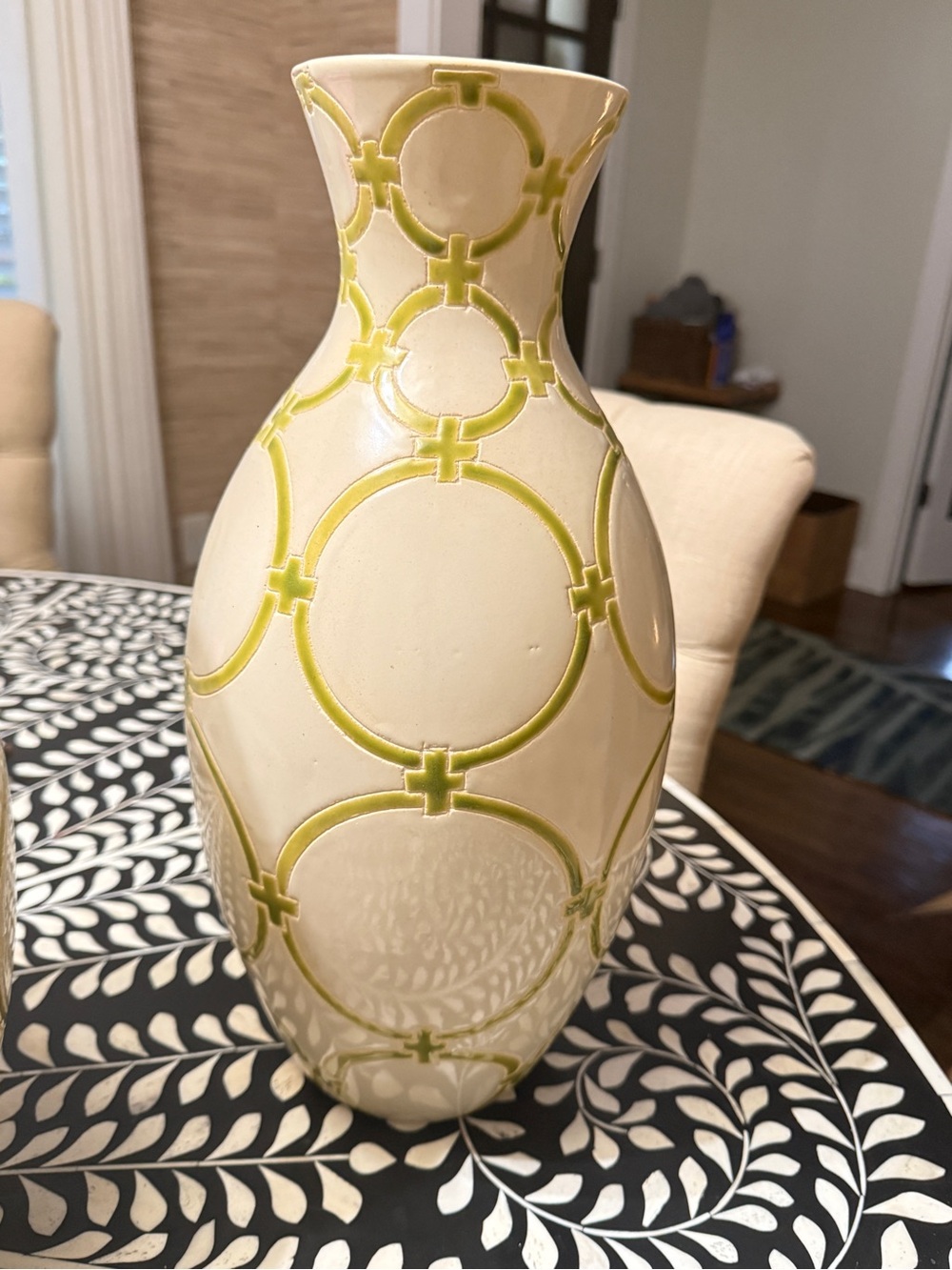 Cream Ceramic Vase with Lime Geometric Circles